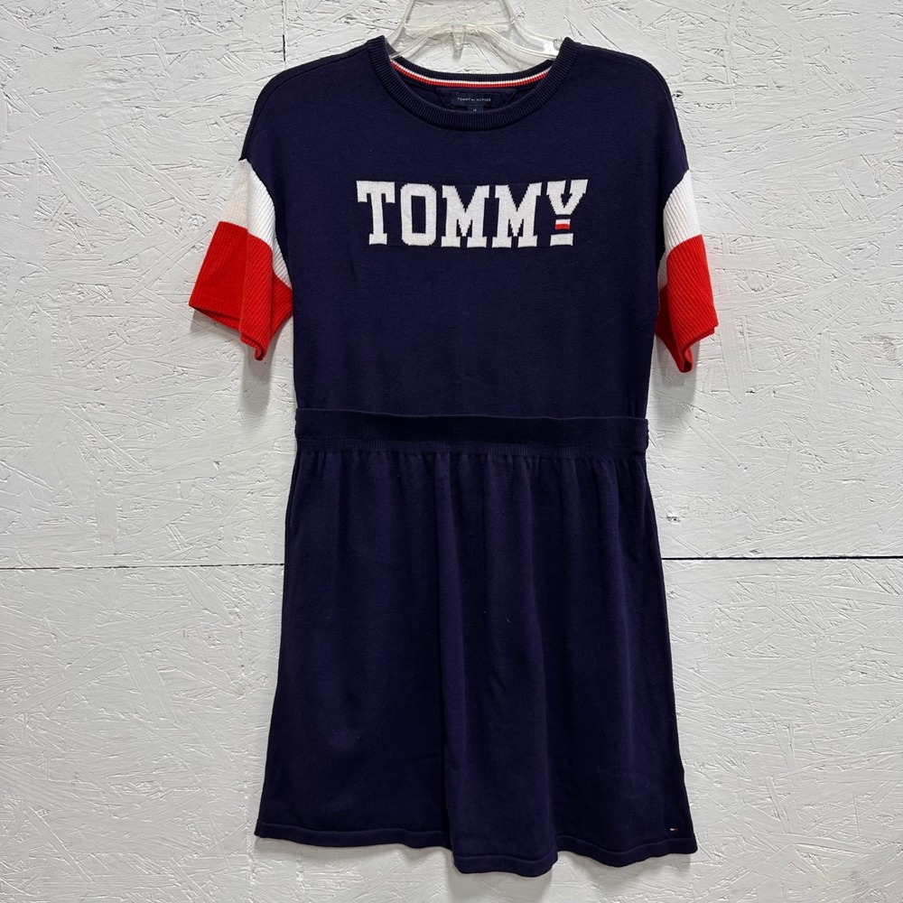 Tommy Hilfiger Girls 14 Knit Sweater Dress Navy Blue Preppy Sporty Americana